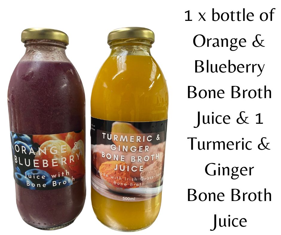 Turmeric and Ginger Bone Broth Juice and 500ml Orange and Blueberry Bone Broth Juice